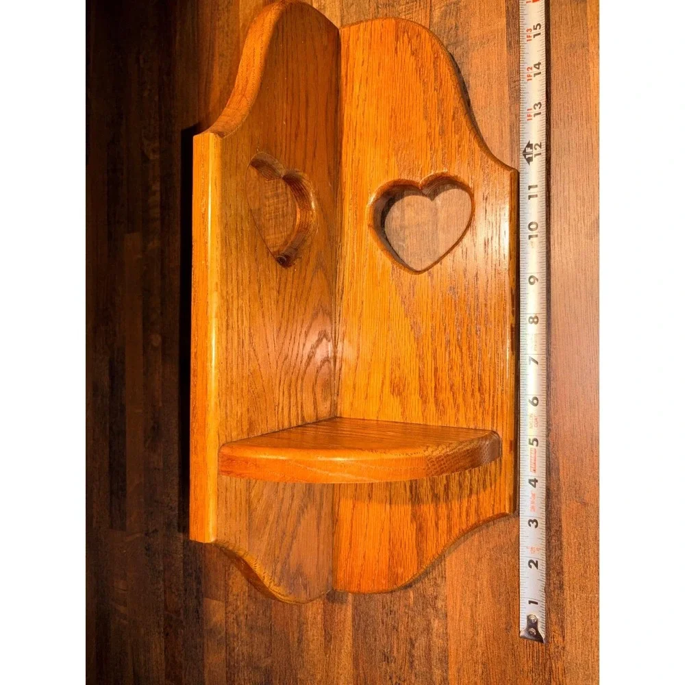 Vintage Oak Wood Corner Shelf Heart Cutouts Rustic Country Farmhouse Wall Decor